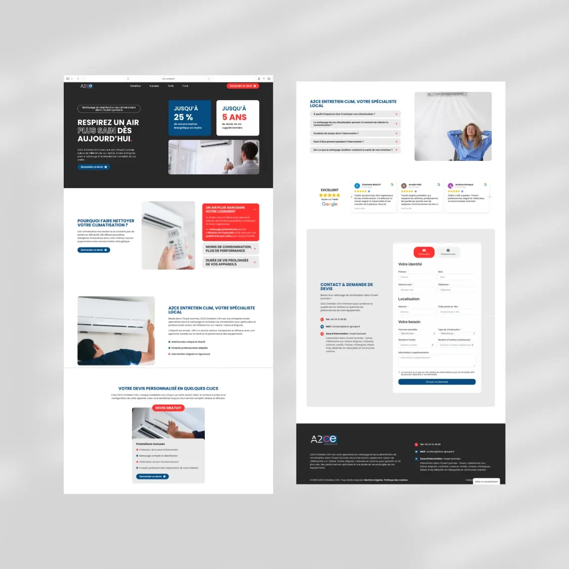 Pages du site internet A2CE Entretien Clim