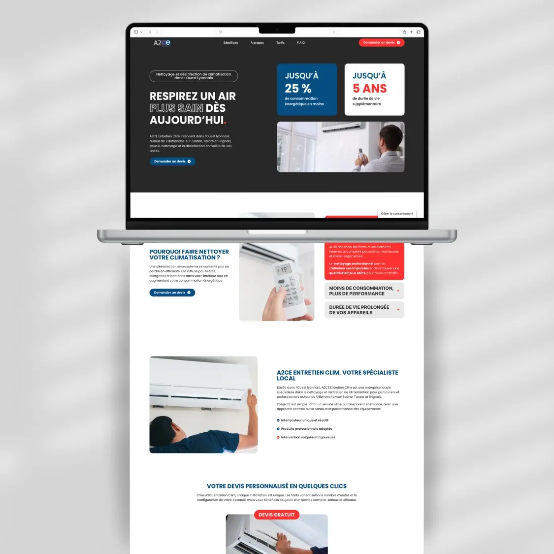 Site internet A2CE affiché sur ordinateur portable