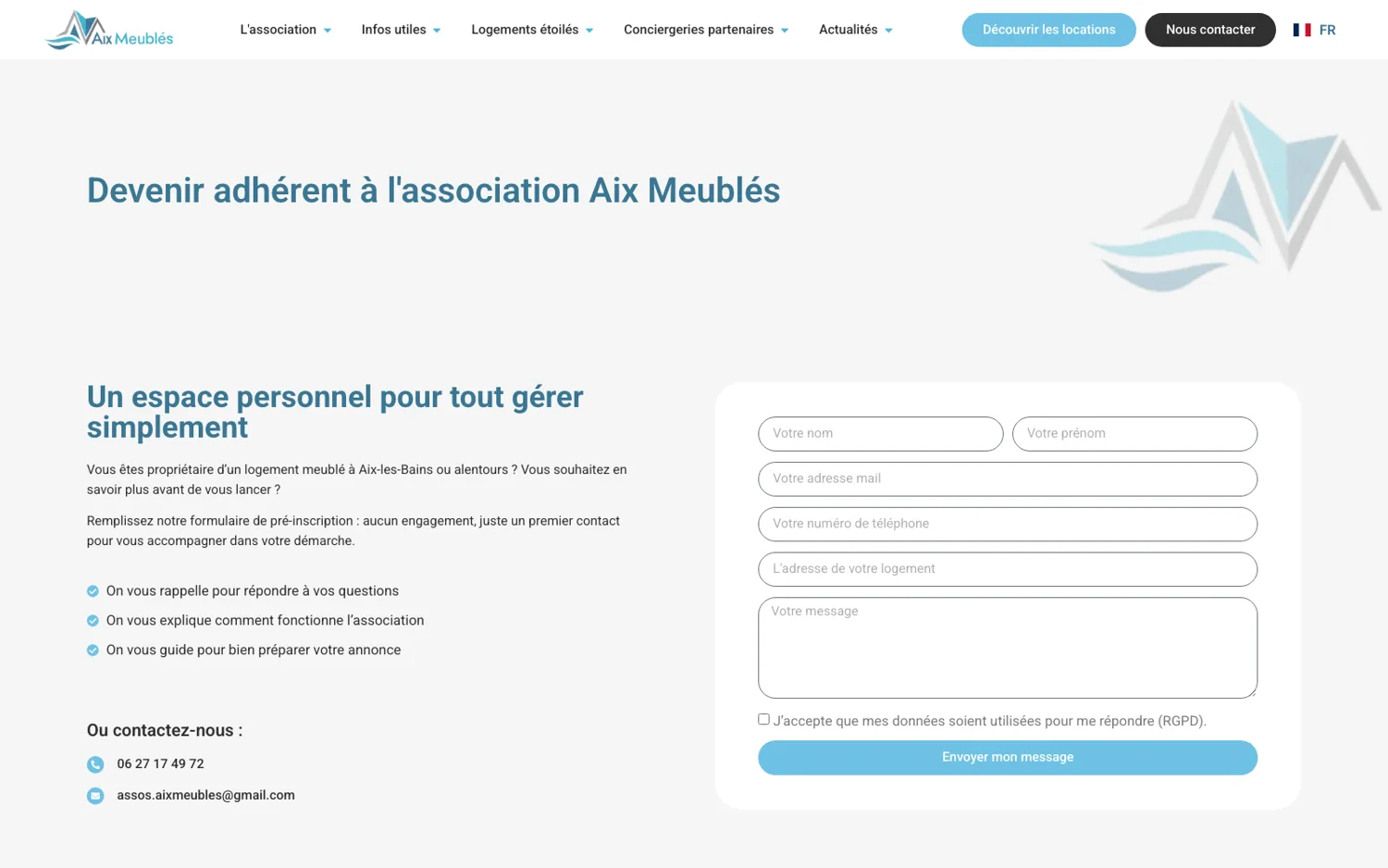 Page « Devenir adhérent » avec le formulaire de pré-inscription