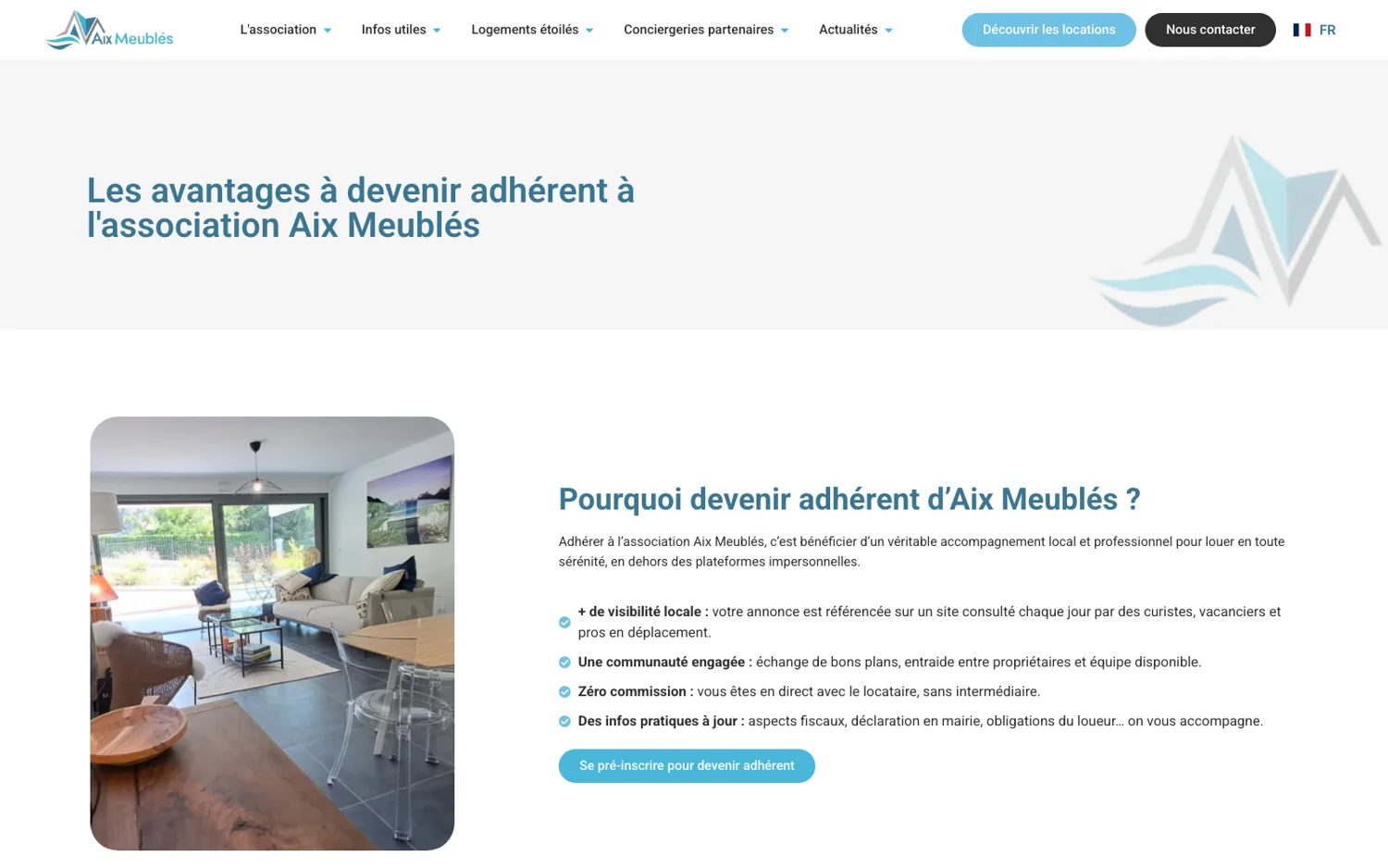 Page « Les avantages à devenir adhérent » de l'association
