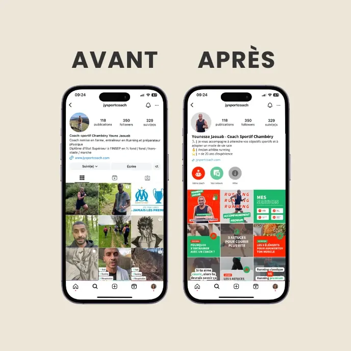 Compte Instagram de JY Sport Coach avant et après optimisation