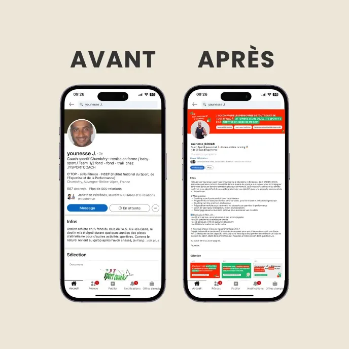 Profil LinkedIn de JY Sport Coach avant et après optimisation