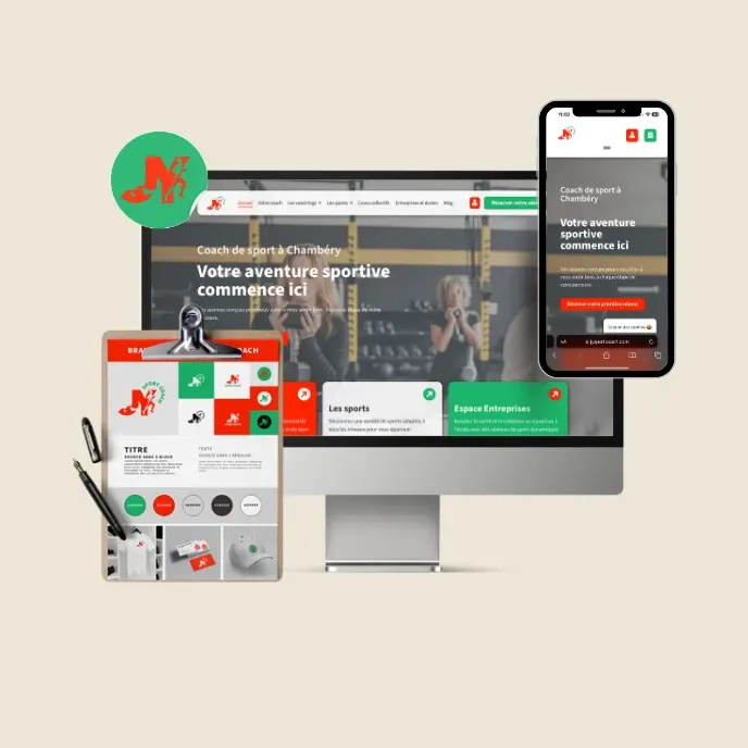 Nouveau site de JY Sport Coach sur écran, mobile et supports print