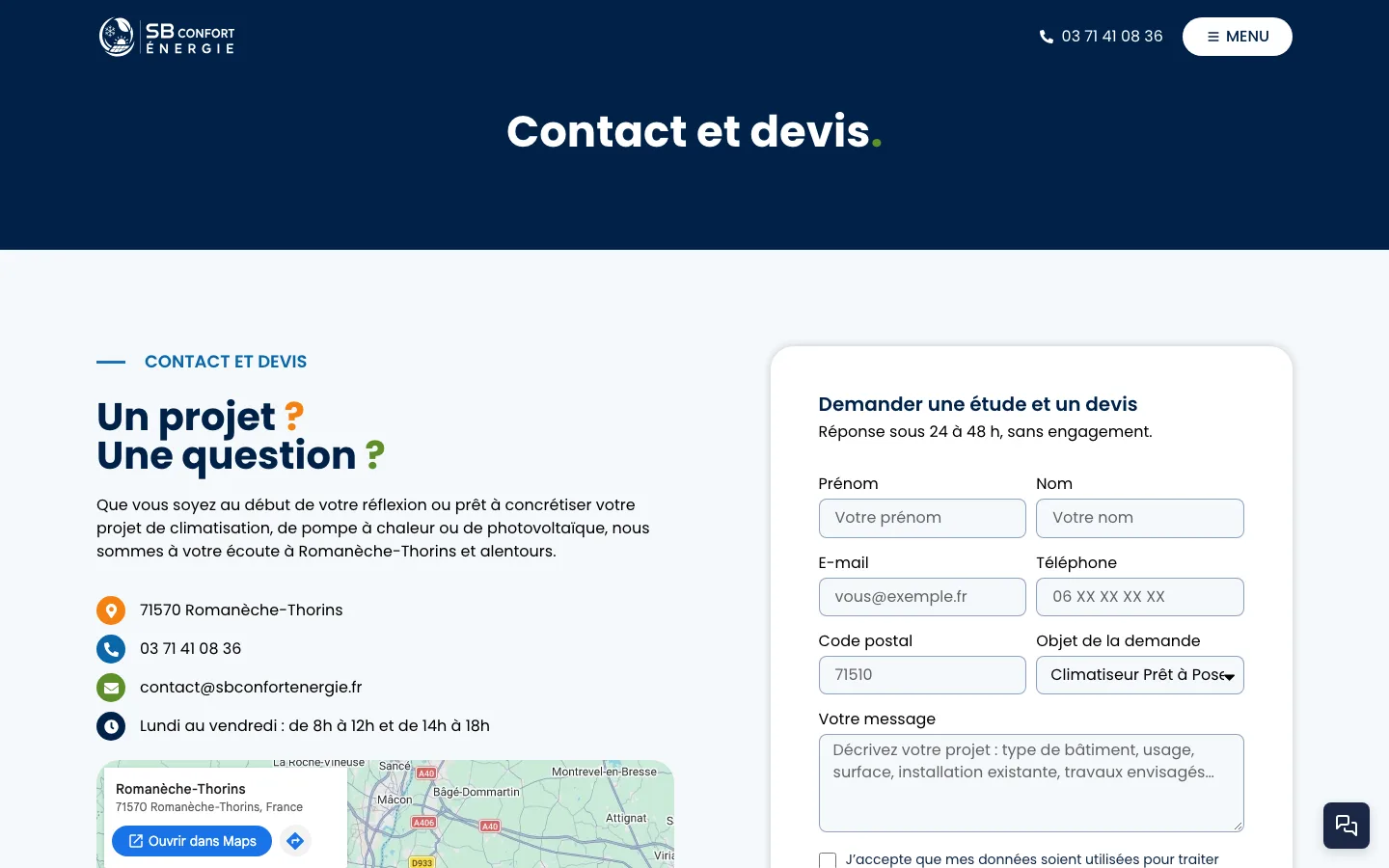 Page contact et formulaire de demande d'étude et de devis
