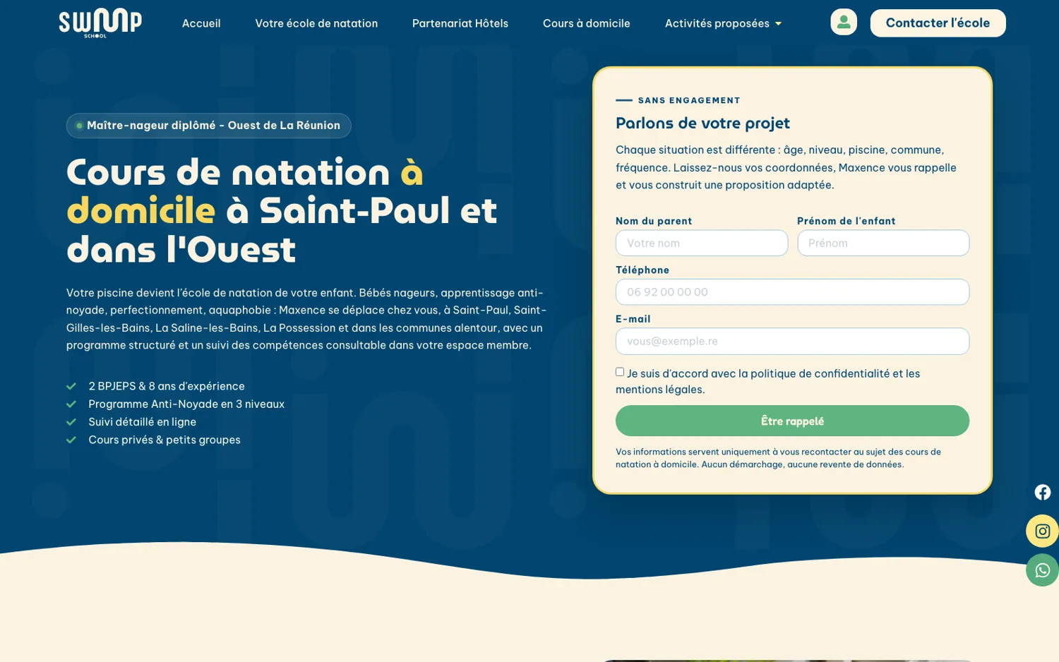 Page des cours de natation à domicile avec formulaire « Être rappelé »