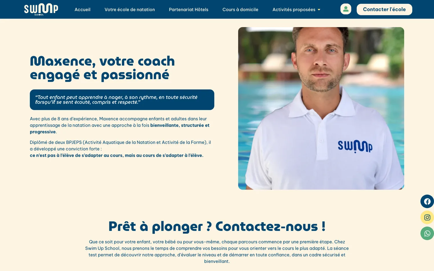 Page « Votre école » : Maxence, le coach de Swim Up School