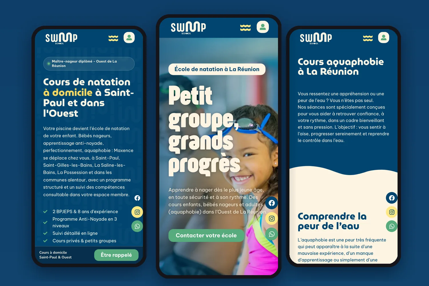 Le site de Swim Up School sur téléphone : accueil, cours à domicile et aquaphobie