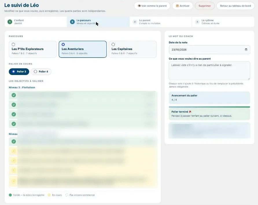 Fiche de suivi : parcours, palier et objectifs à valider (nom fictif)