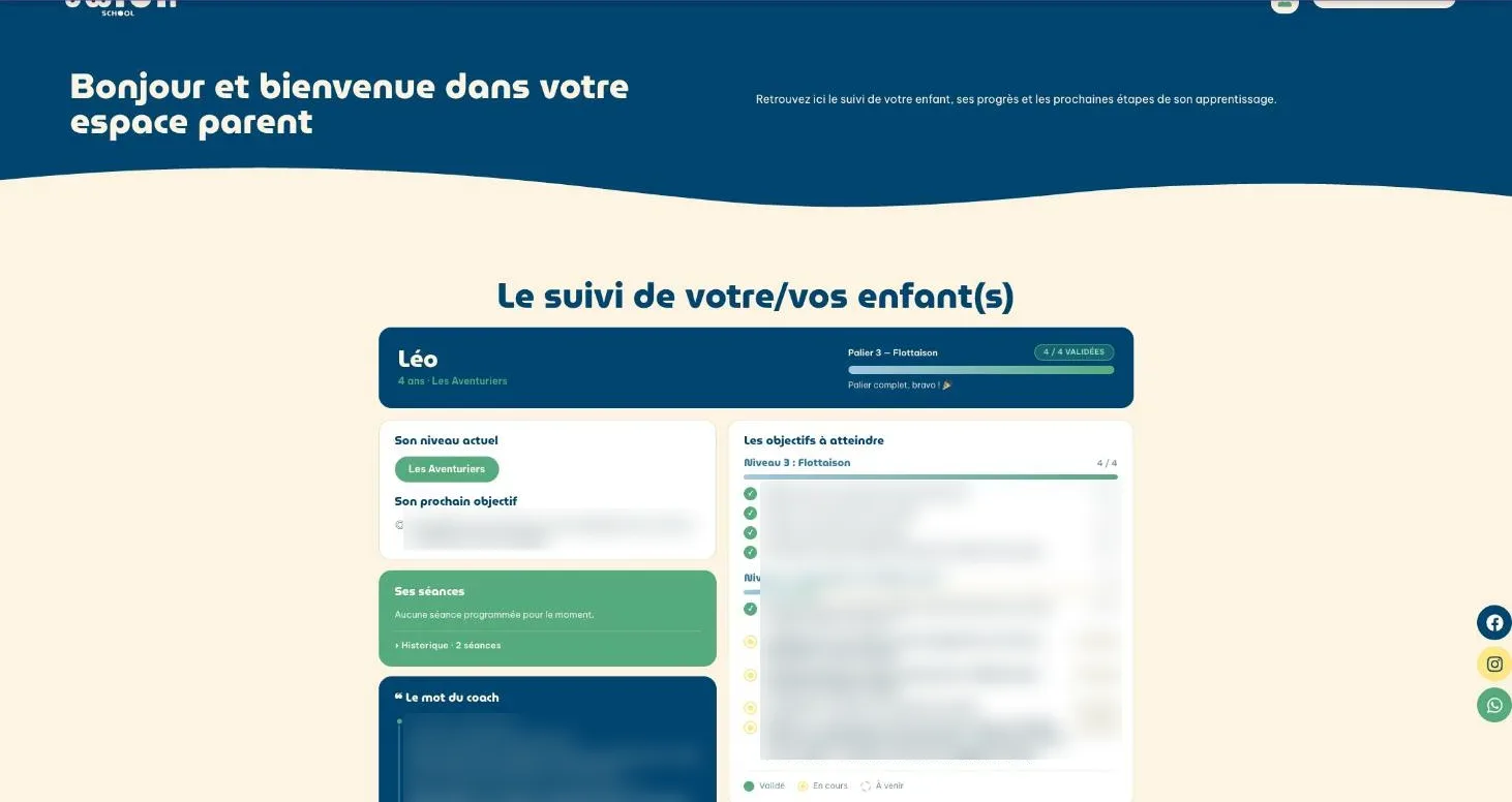 Espace parents : niveau, objectifs validés et mot du coach (nom fictif)
