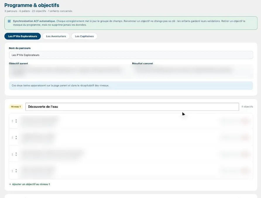 Programme pédagogique : parcours, niveaux et objectifs modifiables