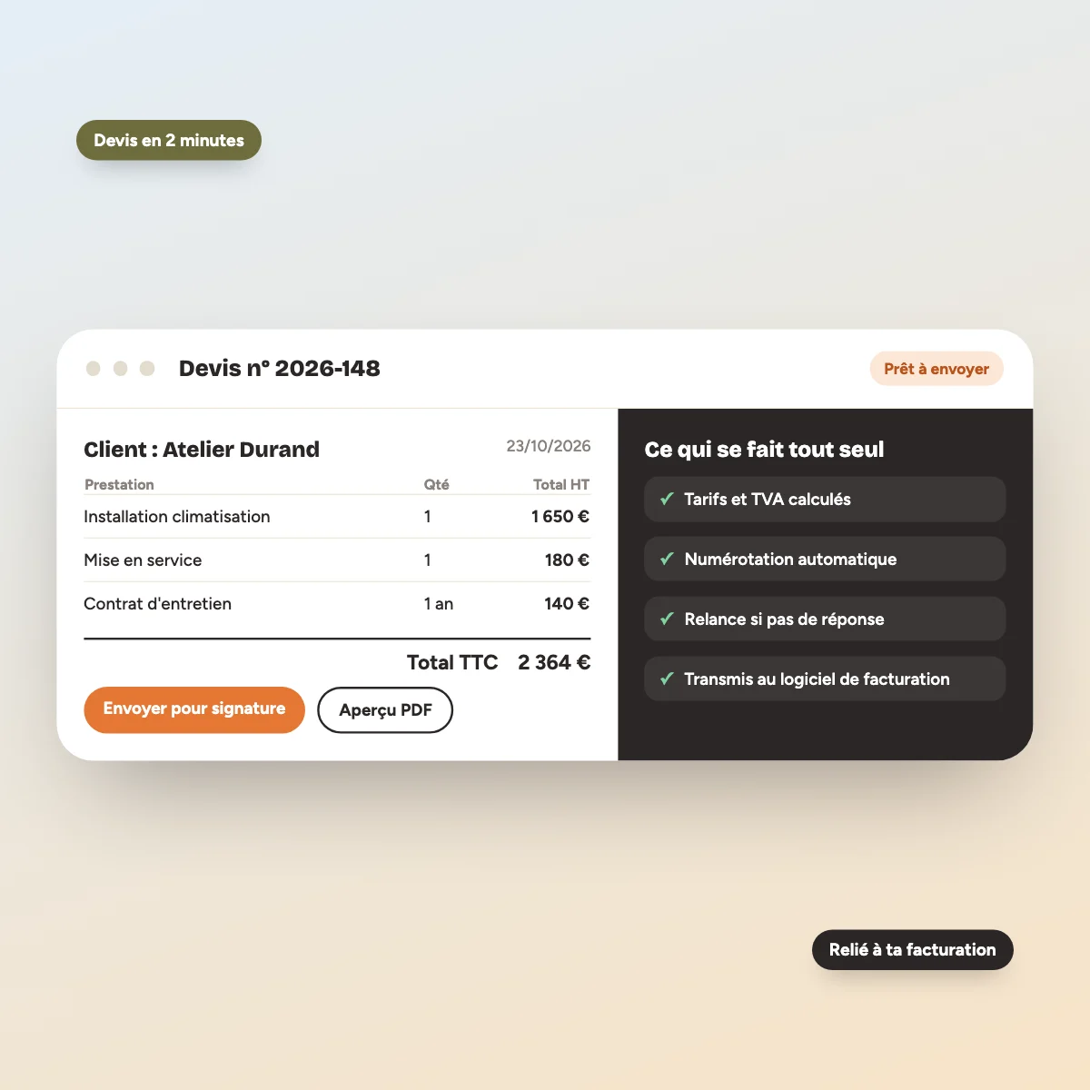 Devis PDF généré automatiquement aux couleurs de l'entreprise