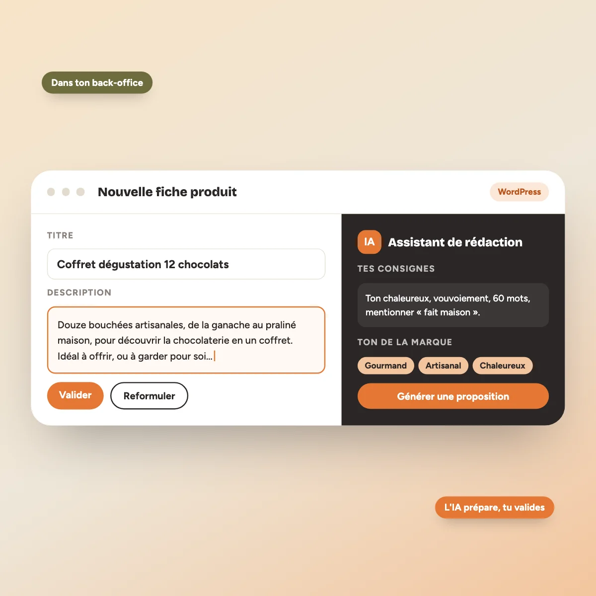 Assistant de rédaction IA intégré à WordPress pour une fiche produit
