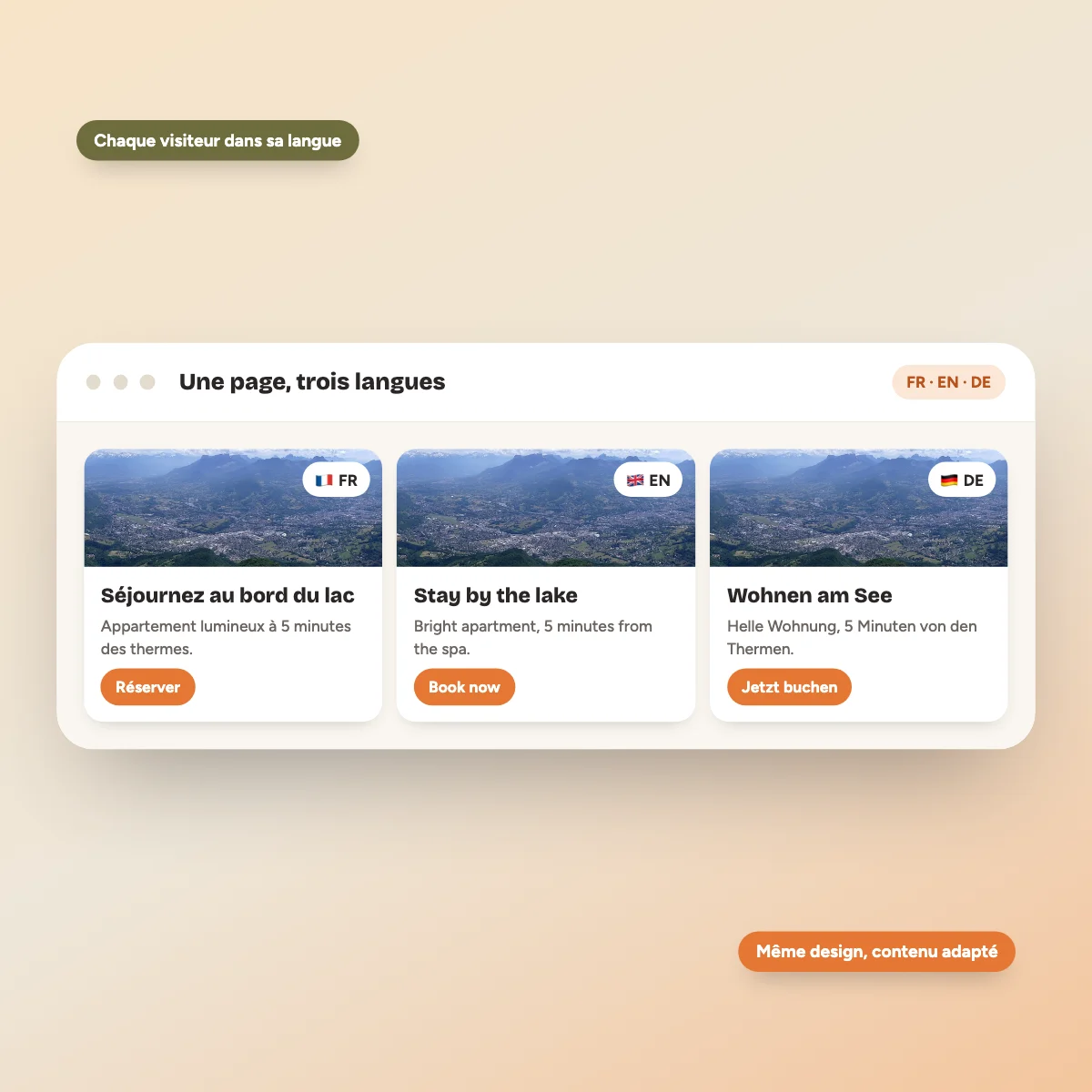 Une page de site internet proposée en trois langues