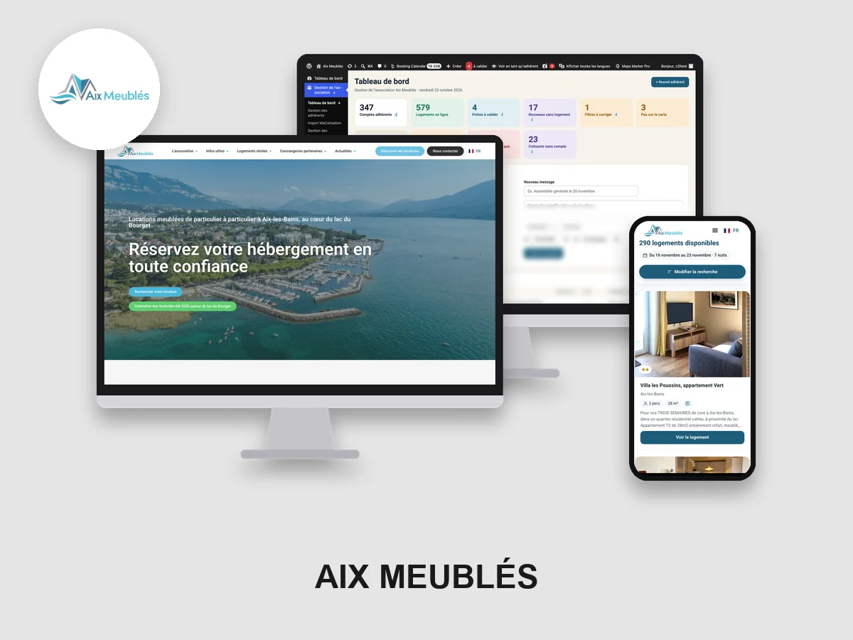 Aix Meublés : Refonte du site d'une association de loueurs de meublés de tourisme : 500 logements, réservation en ligne et multilingue IA.