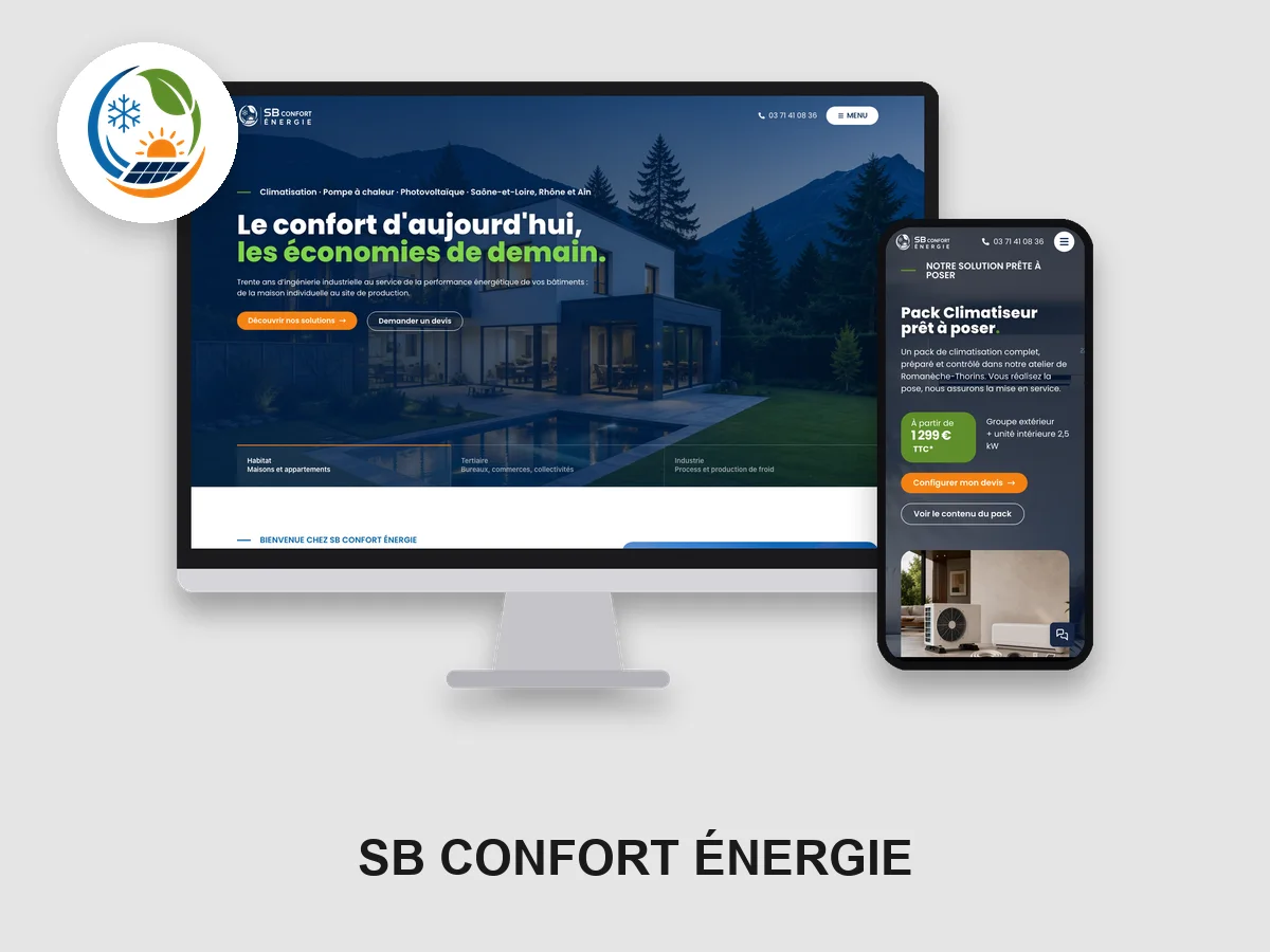 SB Confort Énergie : Un site vitrine pour un installateur de climatisation, avec configurateur de devis et une extension météo qui aide à convaincre.