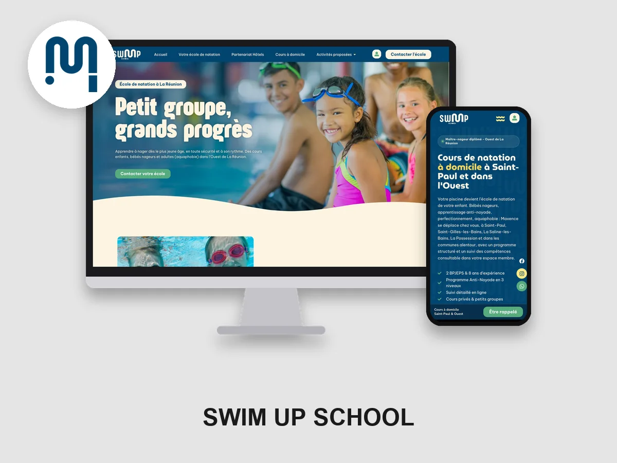 Swim Up School : Une école de natation à La Réunion : site vitrine, réservation payée en ligne et suivi détaillé des enfants pour les parents.