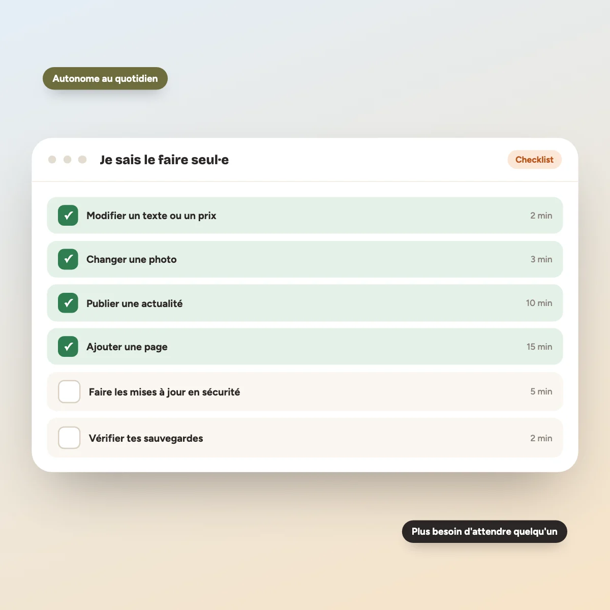 Liste des tâches WordPress réalisées en autonomie après la formation